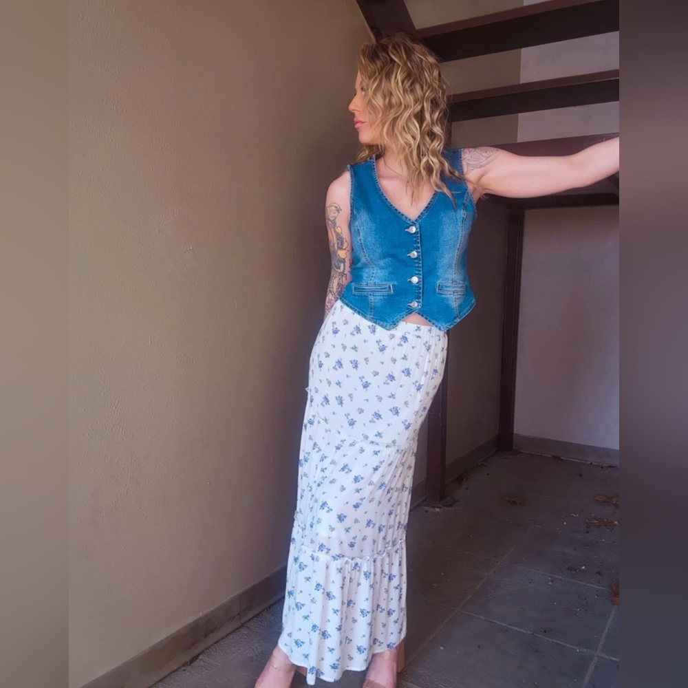 White Maxi Skirt with Blue Floral Print - Picture 8 of 8